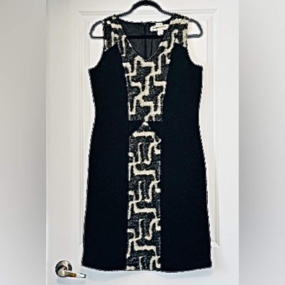 CLEMENTS Ribeiro Dress Black Grey Abstract Print Textured V Neck SL Zip Sz 8